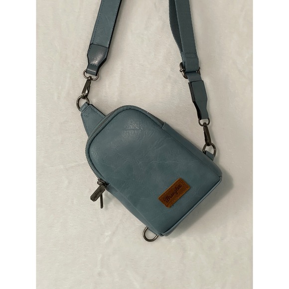 Wrangler Handbags - Wrangler Slate Blue Vegan Leather Sling Crossbody Bag Adjustable Strap Gunmetal